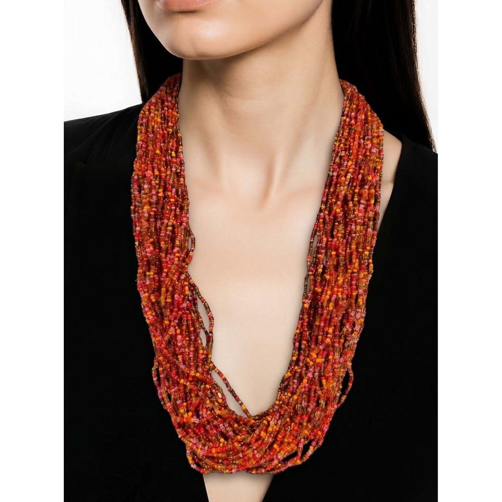 Vtg Necklace red and orange seed beads 30 strands 20 in long crocheted ends - Picture 2 of 8